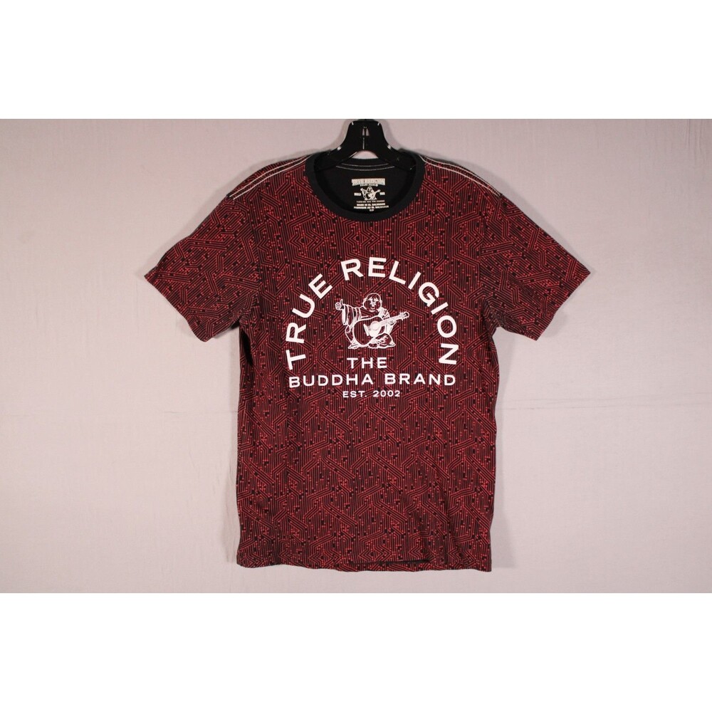 True Religion Men's Black Red All Over Print Buddha Graphic Crewneck T-Shirt S